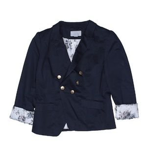 Navy Blazer with Gold Buttons and Floral Accent